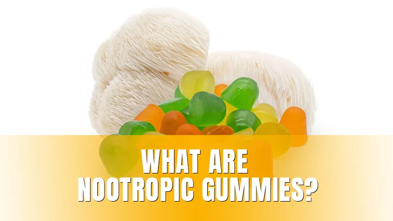 Colorful gummies in front of Lion's Mane mushrooms.