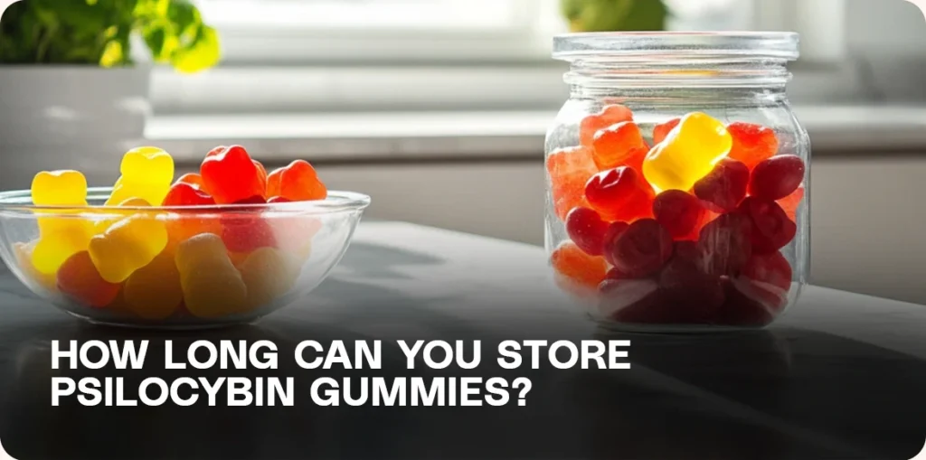Glass jar and bowl filled with gummy bears near a window.