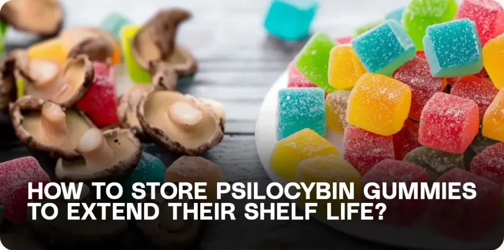 Mushrooms and colorful gummies on a table.