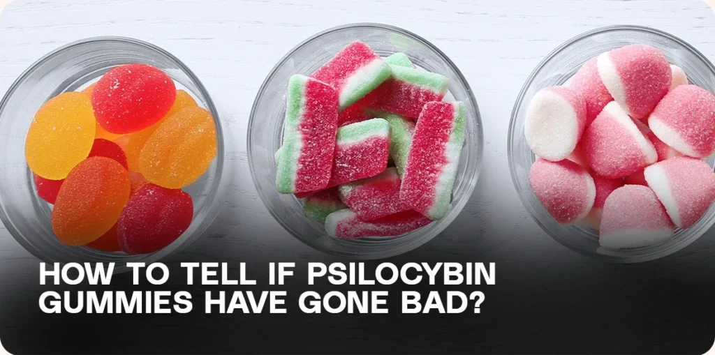 Three glass bowls with different gummies.