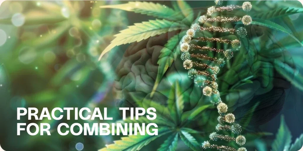 Brain, cannabis leaves, and DNA.