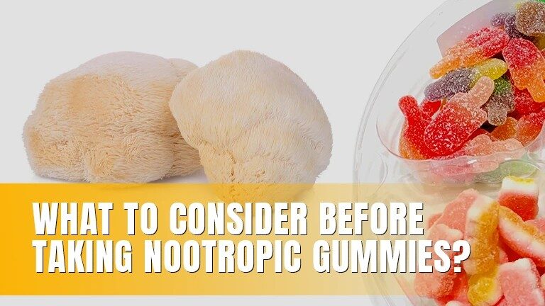 Lion's Mane mushrooms next to a bowl of gummy candies.